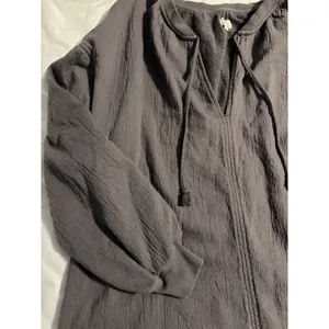 Aerie Gauze Fleece Pullover Boho Gray V-Neck Tassel Tie‎ Large thumbnail 3