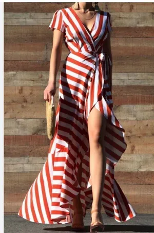 Bamboo Apparel striped adjustable waist wrap ruffle maxi dress size Med NWOT thumbnail 2