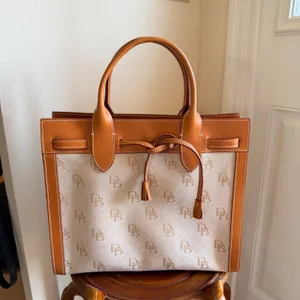 Vintage Dooney & Bourke Italy DB Monogram Canvas Leather Tote Tan Cream Preppy thumbnail 3