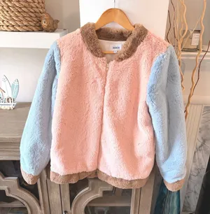 KOCH Faux Fur Colorblock Bomber Jacket Womens Pink Blue Brown Size S thumbnail 1