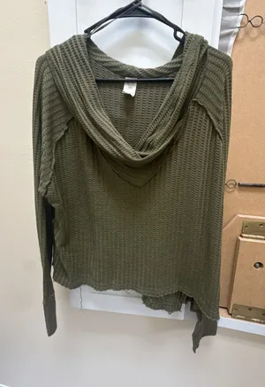 Free People We The Free Olive Green Waffle Knit Thermal Hoodie Size M thumbnail 1