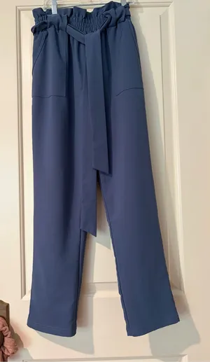 Grace Karin Slate Blue Paperbag Waist Straight-Leg Pants Size S thumbnail 1