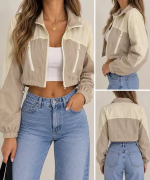Garage Cropped Windbreaker Jacket XS Beige Cream Colorblock Y2K thumbnail 2