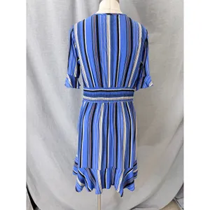 Band Of Gypsies Blue Striped Faux Wrap Dress Flutter Sleeve‎ Ruffle Hem L thumbnail 9