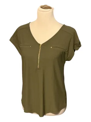 Flower & Feather Olive Green Zip-Front Short Sleeve Blouse - Size S thumbnail 1