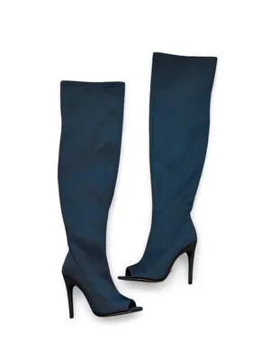 NWT Forever 21 Black Stretch Peep Toe Over The Knee Stiletto Boots Size 6 thumbnail 2