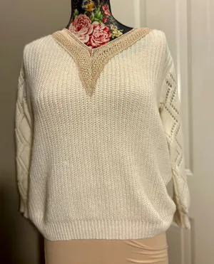 Cream Knit Lace V Neck Sweater Crochet Trim Pointelle Sleeve Pullover Small thumbnail 1