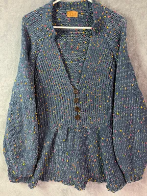 Vintage POL Blue Confetti Knit Cardigan Sweater Boho Button Front Women’s L thumbnail 1
