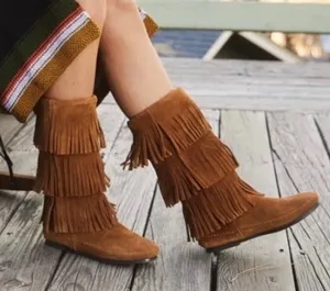 MINNETONKA Brown Suede Three Layer Fringe Boots, Size 9 thumbnail 1