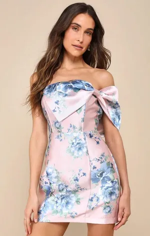 Lulus Soiree Darling Pink Floral Bow Off-the-Shoulder Mini Dress thumbnail 2
