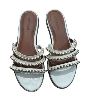 Coach White Gold-Beaded Isa Studded Strappy Flat Slide leather Sandals 7.5 thumbnail 1