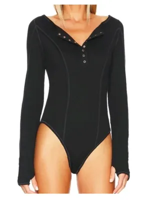 NWT Free People Sloane Henley Bodysuit Womens S Black Textured Long Sleeve thumbnail 2