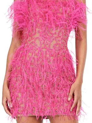 Strapless Hot Pink Feather-Trim Mini Dress thumbnail 1