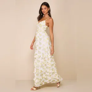 Lulus Gorgeous Occasion Cream Floral Burnout LaceUp Tiered Maxi Dress Size Small thumbnail 2