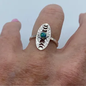 Hammered Sterling Silver Moon Phase Fire Opal Ring Size 8 thumbnail 1