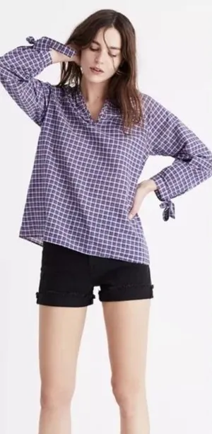 NWT Madewell Tie Sleeve Popover Top Cotton LINEN Blend Plaid‎ Size M OLDSTOCK thumbnail 1