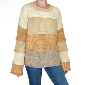 Entro Beige Brown Tan Striped Patchwork Flared Sleeve Sweater thumbnail 1