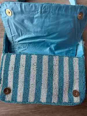 Handcrafted in India Blue Striped Vegetable Beaded Bag Viral TikTok NWT thumbnail 6