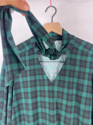 Ann Taylor Stretch Jersey Knit Green Black Plaid Tie-Neck Blouse Size S‎ thumbnail 4