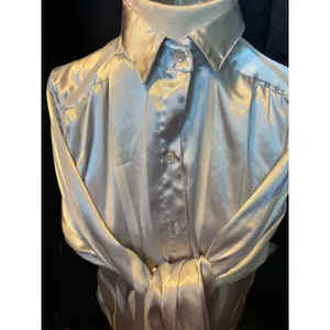 Vintage All Hours Silver Satin Striped‎ Button Down Blouse Long Sleeve Medium thumbnail 3