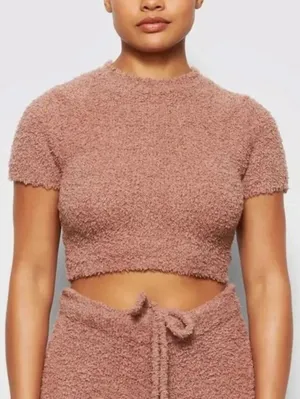 SKIMS Rose Clay Sherpa Cozy Knit Cropped T-Shirt - Size - Small/Medium thumbnail 1