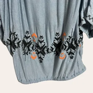 Free People Blue New World Embroidered Bohemian Cold Shoulder Peasant Top Size M thumbnail 7