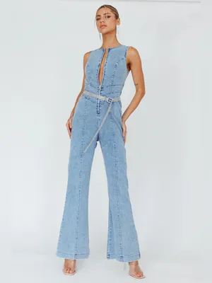 $98 NWT Selfie Leslie x ANGEL BIBA Teigan Heart Back Sleeveless Jumpsuit Denim thumbnail 4