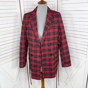 BeFree Tartan Plaid Double Breasted Tie Waist Trench‎ Overcoat Red XS thumbnail 9