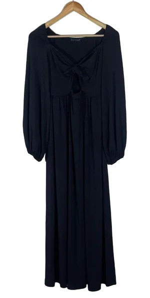 Venus Tie Front Keyhole Solid Maxi Dress Black Romantic Balloon Sleeve Size L thumbnail 1