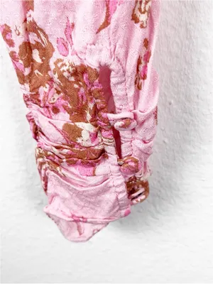FREE PEOPLE Hilary Pink Floral Tie Closures Ruched Front Puff Sleeves Top Small thumbnail 5