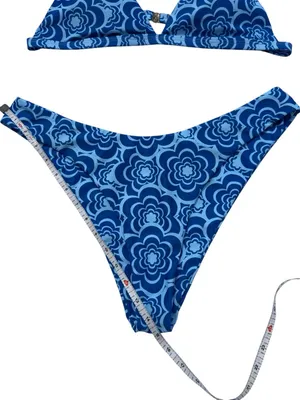 Blue Retro Floral Cheeky Bikini Set XL High Leg Triangle Swimwear Y2K Boho Beach thumbnail 7