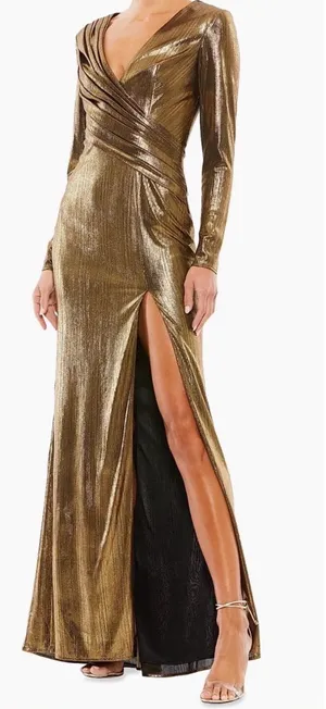 Mac Duggal Metallic Long-Sleeve Asymmetrical Ruched Gown IEENA Collection, 0 thumbnail 1