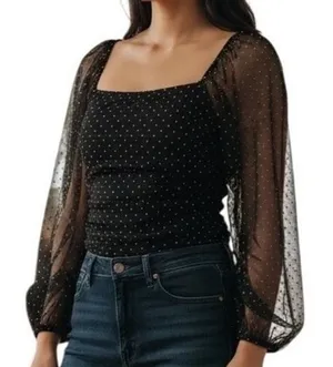 LE LIS COLLECTION Dina Black Swiss Dot‎ Sheer Sleeve Square Neck Bodysuit Medium thumbnail 1