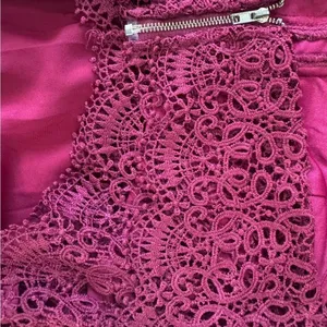 Papaya Burgundy Maroon Jumpsuit Lace Top Bare Midriff Open Back Wide Leg Sheer Overlay thumbnail 7