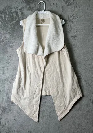 XCVI Ivory Draped Sherpa Collar Open Front Long Vest Cotton Blend Size Large thumbnail 1