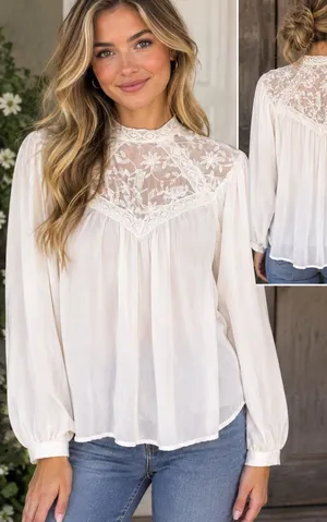 Eilly Bazar White Lace Yoke Boho Blouse Romantic Victorian Peasant Size M thumbnail 1