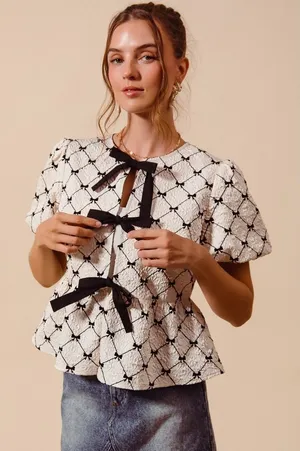 SO ME Bow Texture Woven Peplum Top With Contrast Tie - Ivory - Small thumbnail 1