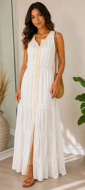A.Peach White Boho Maxi Dress Womens Large Lace Button Front thumbnail 1