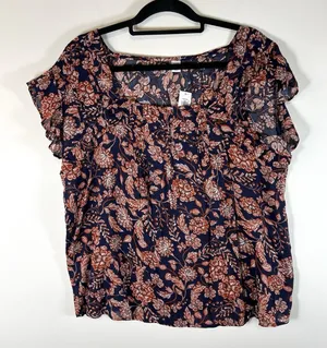 Old Navy Blouse Women Large Blue Floral‎ Short Sleeve Cotton Casual NWT Boho thumbnail 1