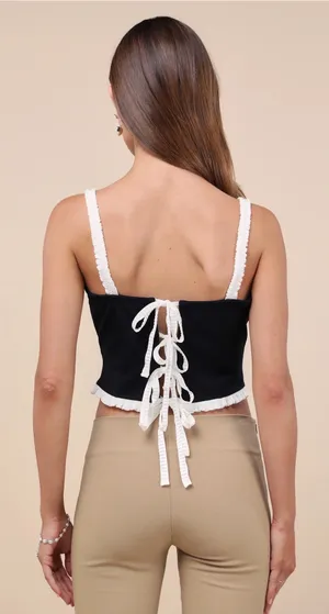 Lulu’s Coquette Charisma Black and White Ruffled Tie-Back Crop Top thumbnail 7