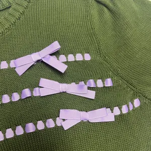 ModCloth Olive Green Knit Puff Short Sleeve Sweater Light Purple Ribbon- Medium thumbnail 13