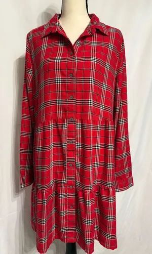 LOFT Red Preppy Plaid Long-Sleeve Button Front Dress size L thumbnail 1