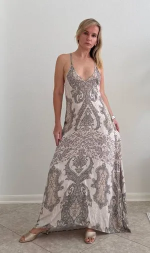 Hale Bob Taupe Paisley Halter Maxi Dress Size S thumbnail 1