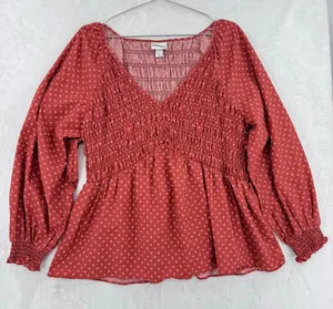 Ava + Viv Rust Orange Ruched Babydoll Top Long Sleeves Prairie Boho 100% Cotton thumbnail 1