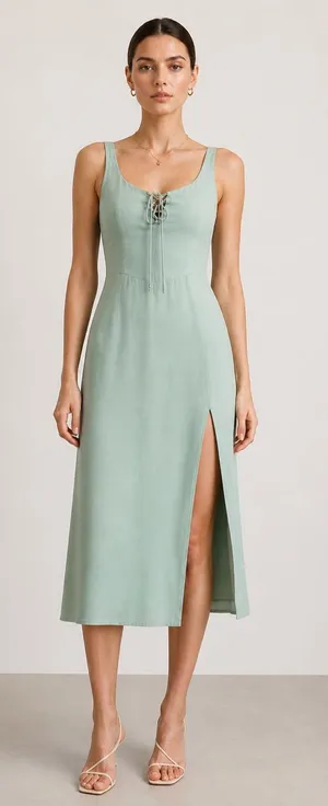 Abercrombie & Fitch pale sage green slit front corset seamed midi dress. XS thumbnail 1