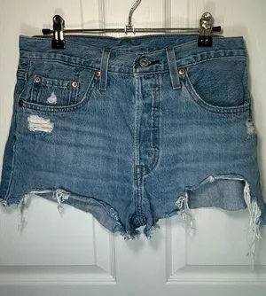 Levi's 501 Original Shorts High Rise 28 Blue‎ Distressed Cut Off Button Fly thumbnail 1