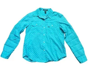 Ralph Lauren Blouse Women Medium Blue Polka Dot Top Button Up Pockets Roll Tab thumbnail 1