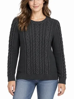LL Bean Black Double L Mixed Cable Cotton Crew Neck Pullover Sweater Size SMALL thumbnail 1