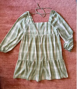 SO Goods For Life Green Plaid Long Sleeve Tiered Mini Dress Cottagecore thumbnail 1