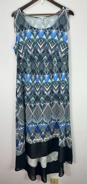 Notations Sleeveless Maxi Dress Womens Plus 1X Blue Geometric Hi Low Boho Resort thumbnail 1